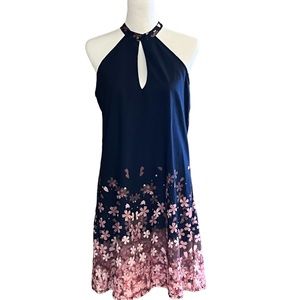 Navy blue with pink flowers, halter dress, size small, NWOT